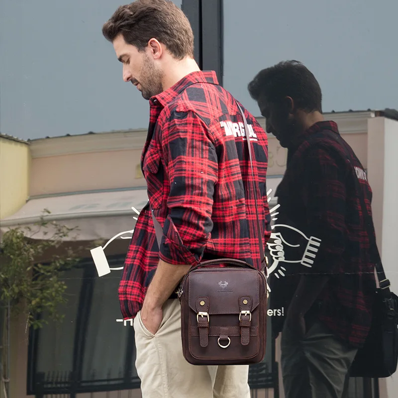 

Crazy Horse leather crossbody backpack men retro clamshell lock commuter large capacity square shoulder travel bag