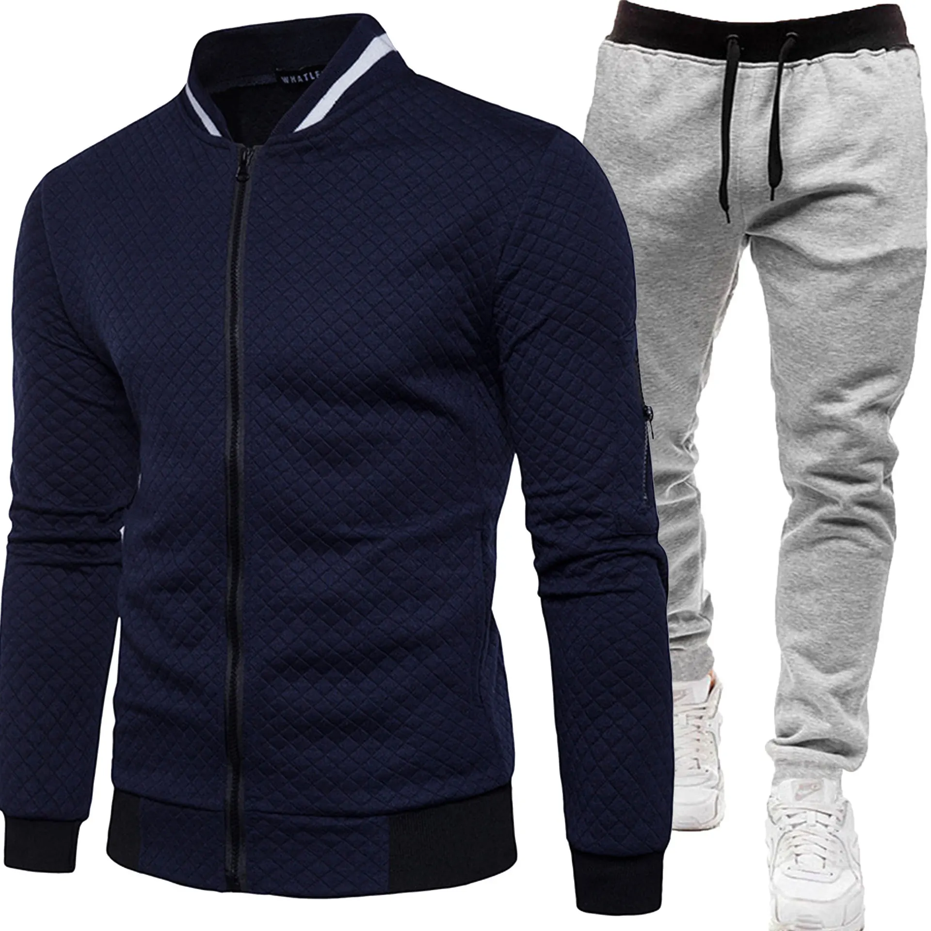 Herren Gesteppte Bomberjacke Trainingsanzug Herbst Winter Reißverschluss-Cardigan Sweatshirt Jogginghose Zweiteiliges Casual Sportbekleidungs-Set – Detail 11