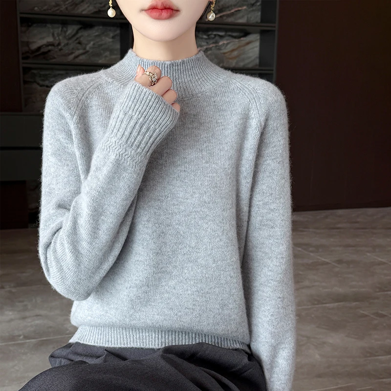 Autumn New 100% Wool Knitted Pullover Half High Collar Sweater Winter Women's Soft And Warm Long Sleeved Shirt Solid Color Basic
