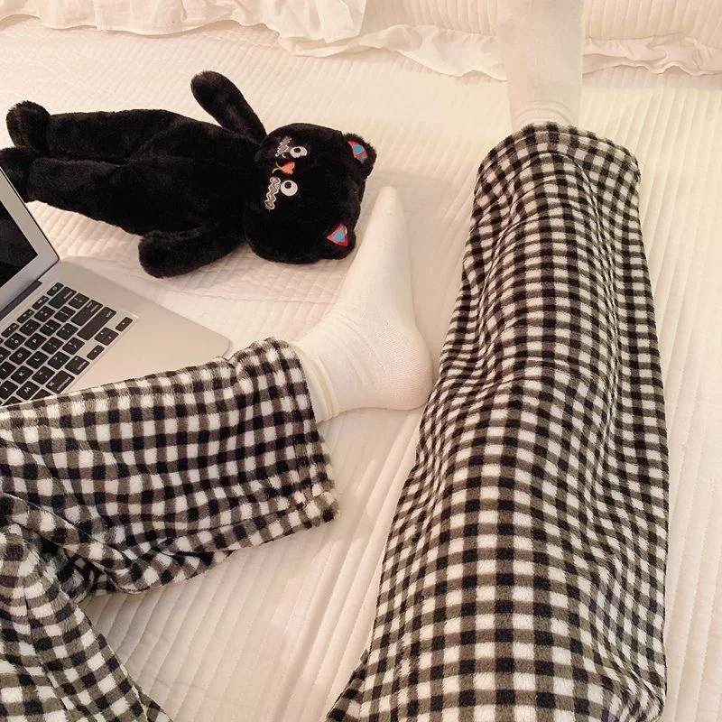 Plus Size Fluffy Pyjamas Women Pajama Pants Plaid Printed Winter Warm Flannel PJ Pants Y2K Couple BF Homewear Sleepwear Trousers