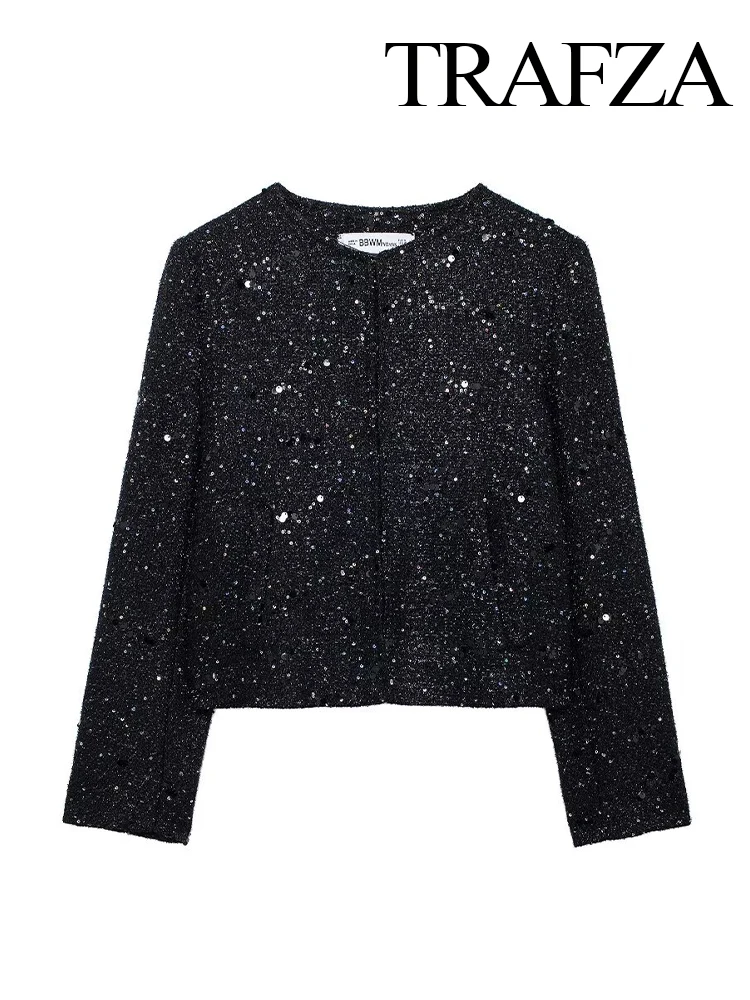 TRAFZA Women's Fashion Black Round Neck Sequined Textured Long Sleeve Blazer Coat Female Elegant Vintage Pocket Casual Jacket