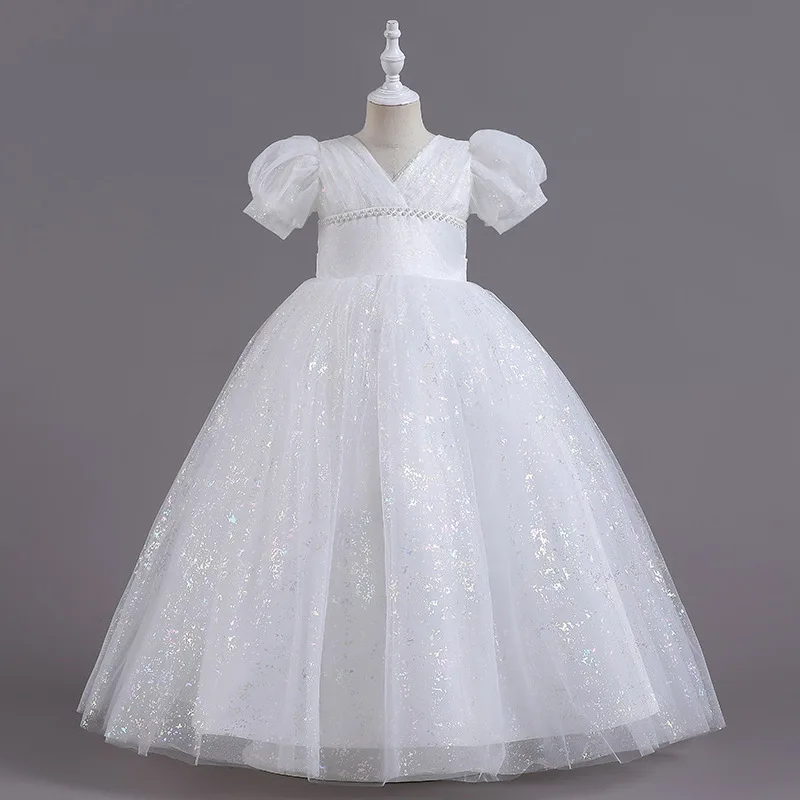 Girl White Wedding bridesmaid dress for 4-14 years teens V neck princess birthday party dress for girl dress First communion