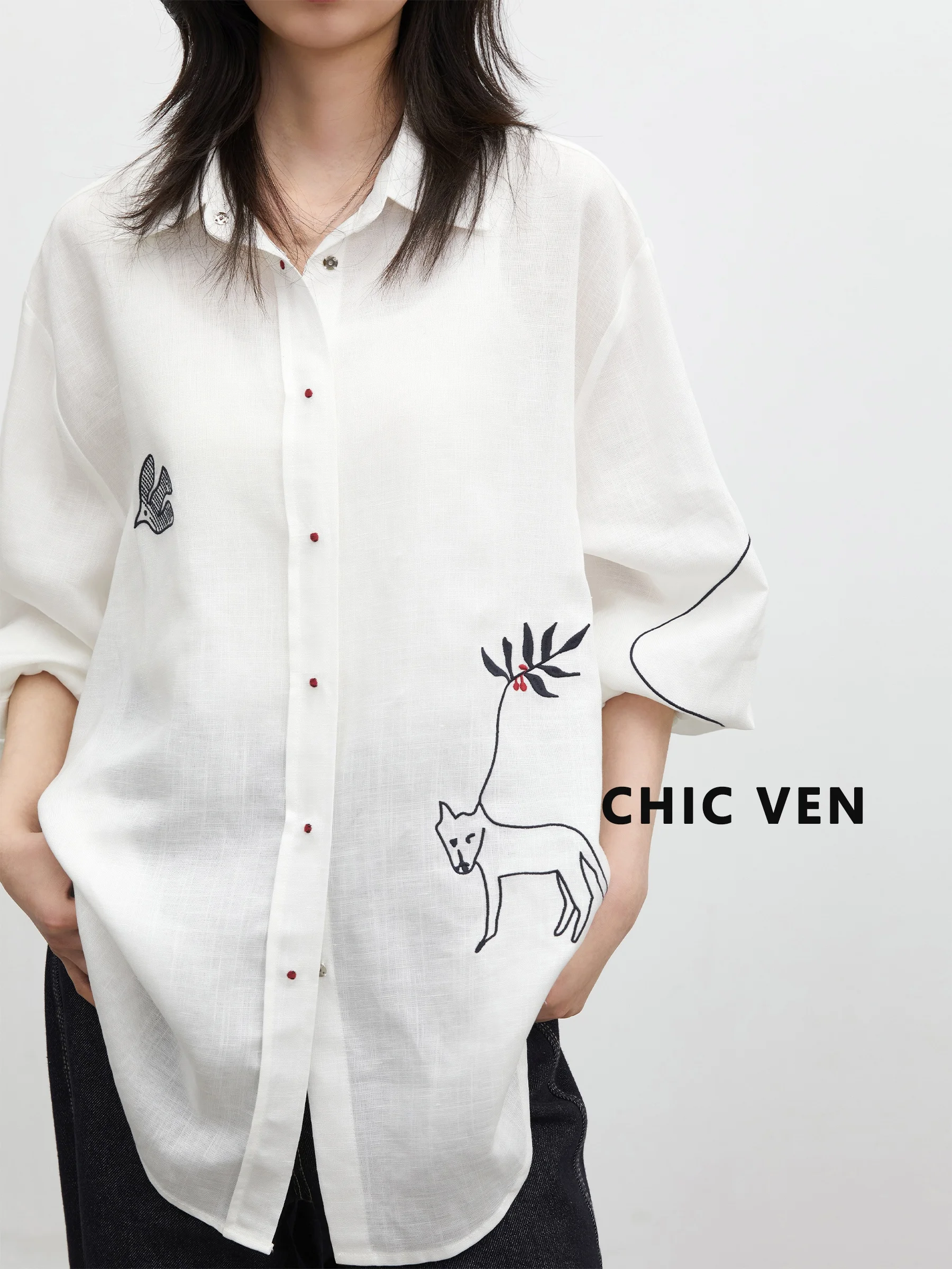 

Artistic Style Embroidered Cotton Linen Blend Long Sleeve Shirt Loose Fit Shoulder Design Casual Comfortable Women's Shirt