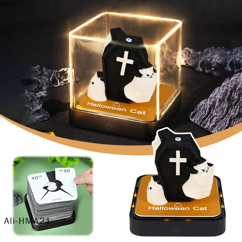 

【H】2026 Desk Calendar With LED Light Halloween Cat Sculpture 3D Tear-away Calendar Paper Carving Notepad Gift Desktop Decoration