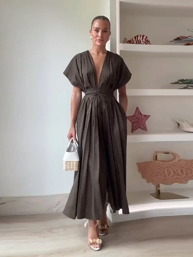 

Длинные платья с летающими рукавами, женские сексуальные платья с глубоким v-образным вырезом и пуговицами, однотонное плиссированное платье с завязкой на талии, 2025, шикарные женские халаты