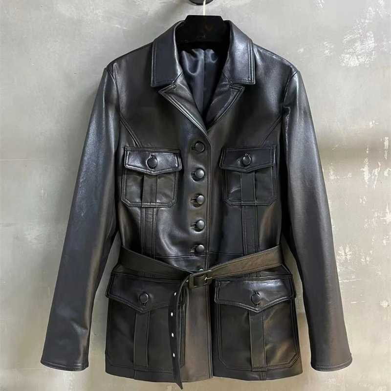 High Quality Sheepskin Autumn Real Leather Jacket Women Single Breasted Female Jackets Belt Slim Luxury Leather Coat