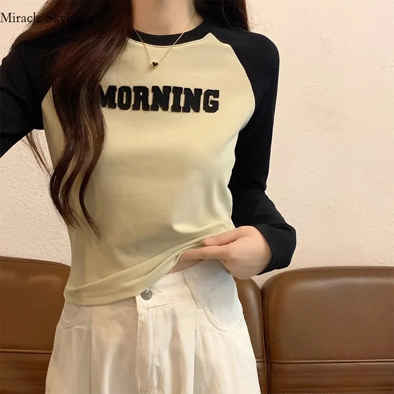 

Contrast Color Shoulder Long Sleeved T-Shirt For Womens Autumn And Winter Spicy GirlsSlim Fit Splicing Raglan Sleeves,