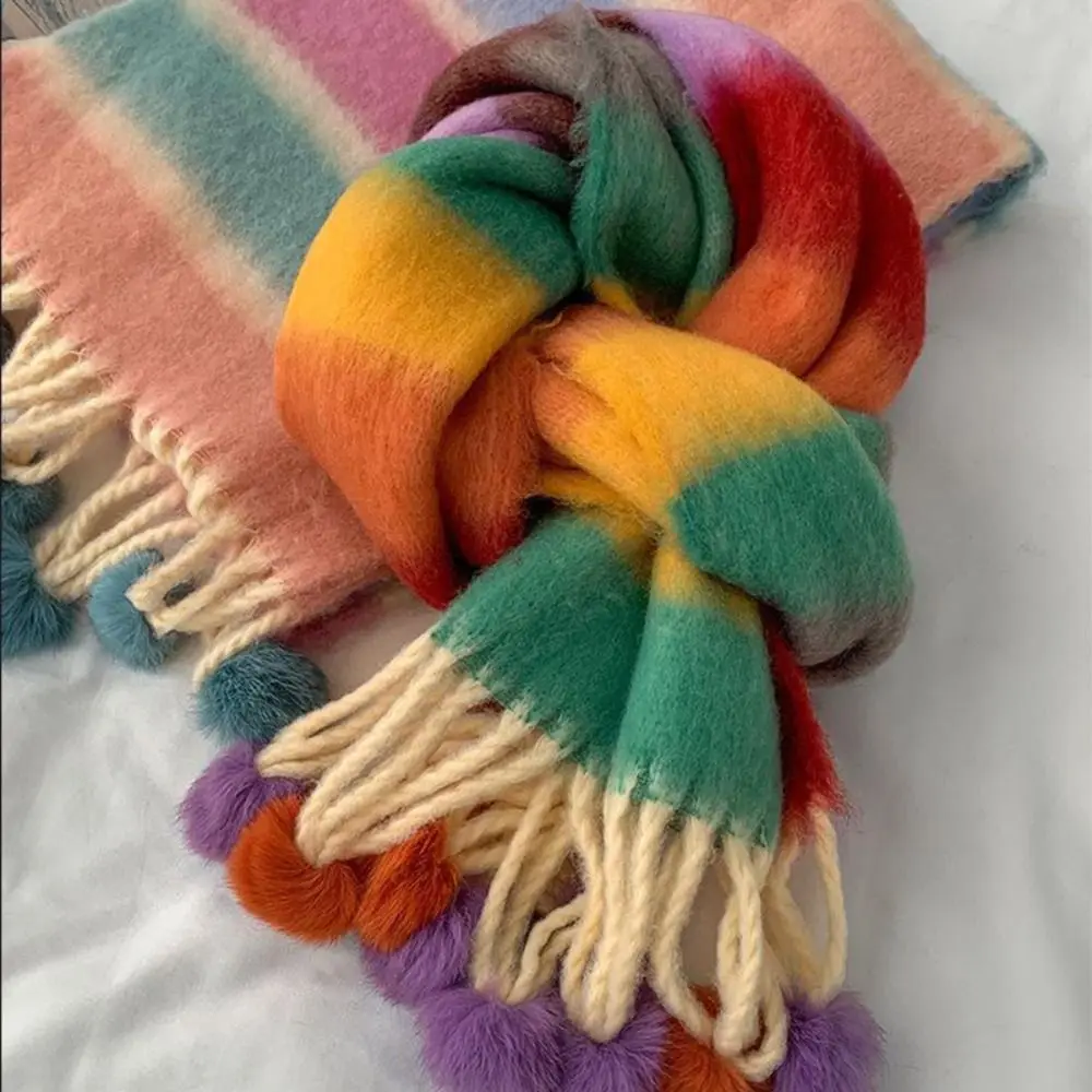 New Tassel Rainbow Striped Scarf Women Knitted Plaid Scarf Thicken Warm Cashmere Shawl Wool Scarves Female Winter Fashion Scarf