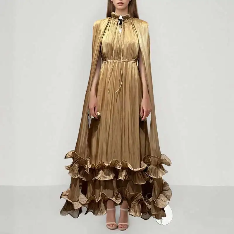 Elegant Female Party Dress Cloak Sleeves Lace-up V-neck Spliced Edible Tree Fungus Blue Robe Long Dresses  Spring New