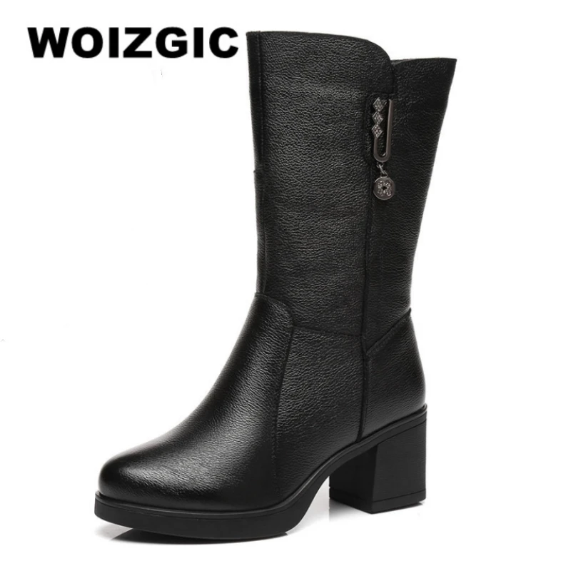 

WOIZGIC women genuine leather mid calf boots female mather ladies winter fur plush warm