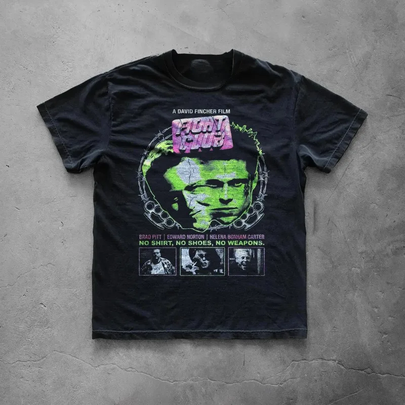 Fight Club Movie Graphic Men Women T‑Shirt Vintage Washed Cult Film Retro Portrait Print Crew Neck Cotton Short Sleeve Tees Tops