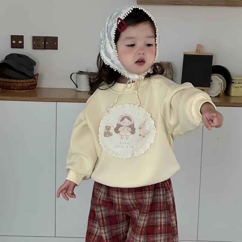 

Winter Toddler Baby and Girls Cotton 3D Cartoon Patchwork Fleece Lined Sweatshirt Kids Jumper Children Outfit Pullover Top 0-4Yr