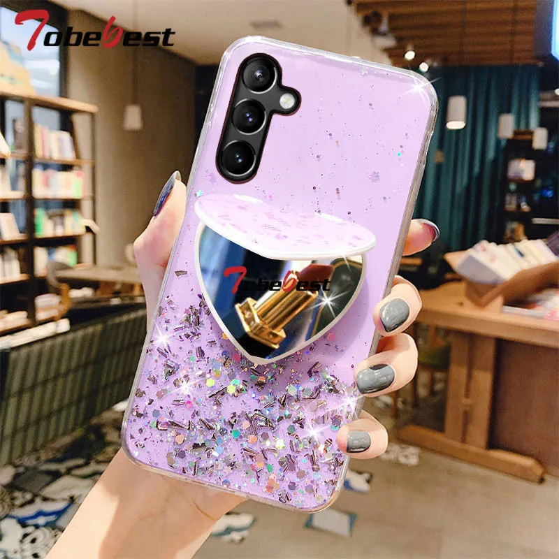 Glitter Heart Mirror Phone Holder Case For Samsung Galaxy A16 A26 A36 A56 A06 A15 A25 A35 A55 A14 A25 A35 A54 A05 4G 5G Cover