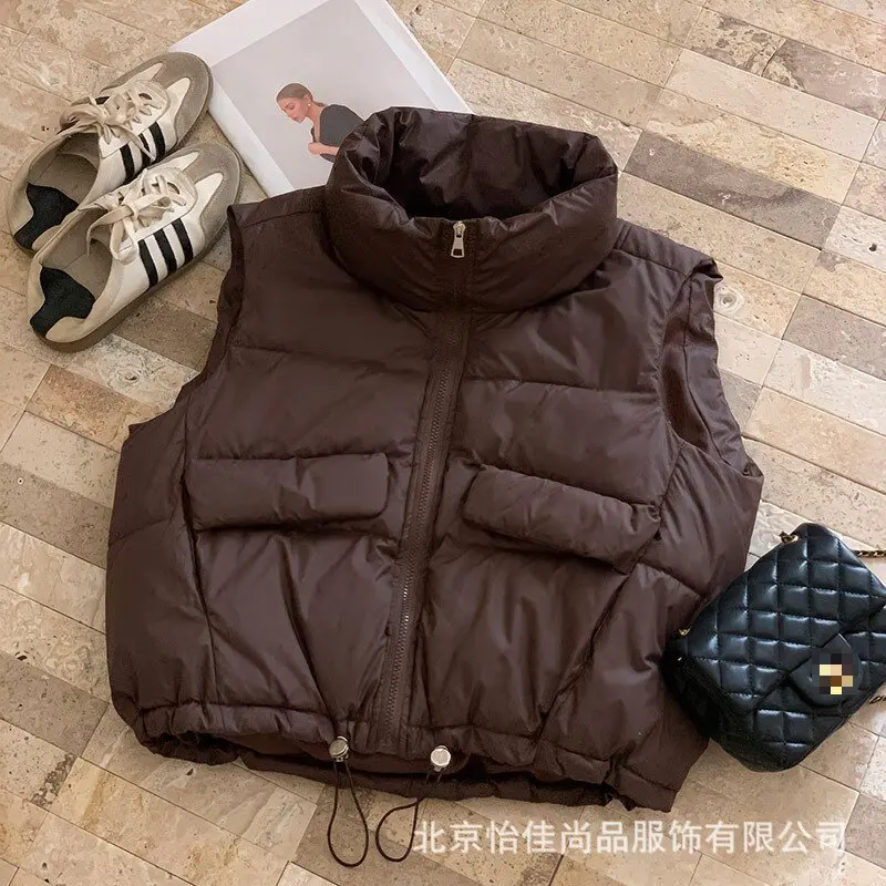 

Short Parkas Vest Coat Women Solid Jacket Drawstring Zipper Pocket Stand Collar Slim Fit Casual Office Lady 2025 Autumn Winter