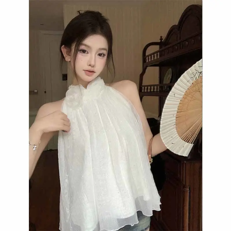 Kimotimo Flower Halter Mesh Sleeveless Blouse Women 2026 Summer Fairy Sequin Loose Chic Short Shirt Casual Fashion Tops Mujer
