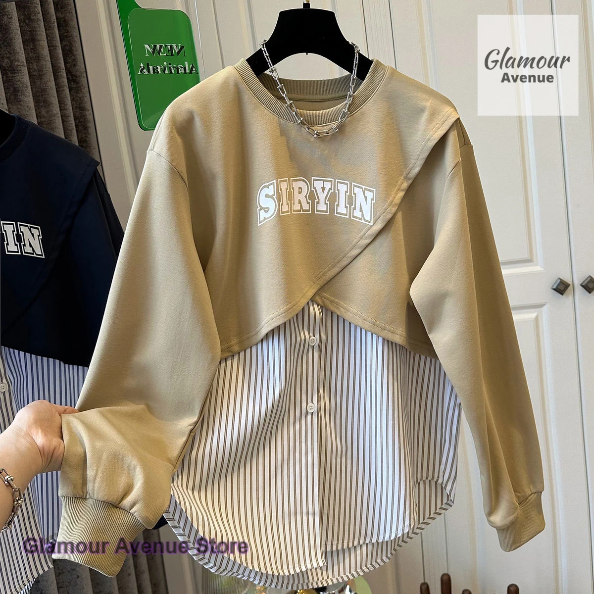 

French style fashion plus size high sense stripe stitching sweater women spring and autumn loose temperament niche fake two tops