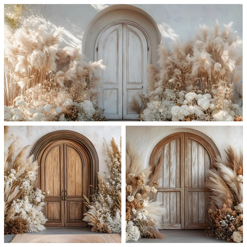 

Boho Style Pampas Grass Wedding Photo Backdrop Wood Door Adult Birthday Party Decor Maternity Portrait Photographic Background