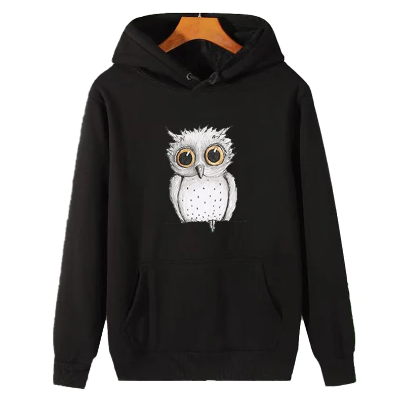 A Pencil Drawing Of A Cute Owl With Big Orange Eyes Fashion Graphic Hooded Sweatshirts Essentials Hoodie Winter Fleece Hoodie