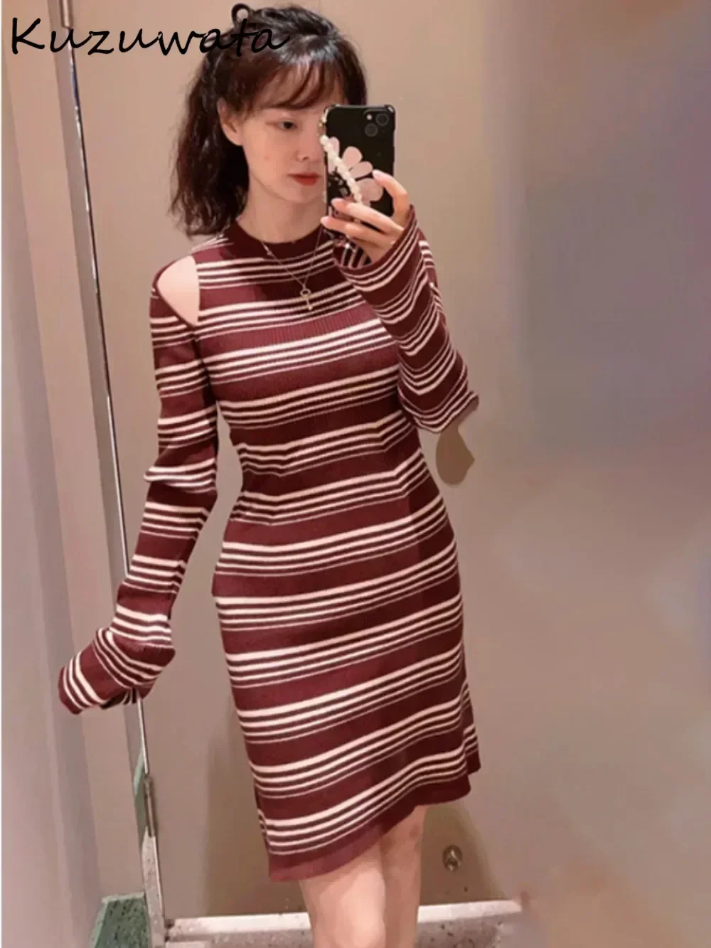 Kuzuwata Temperament O Neck Flare Sleeve Srtipe Dress Off Shoulder All-match Knit Casual Robe Japanese Slim French Style Vestido