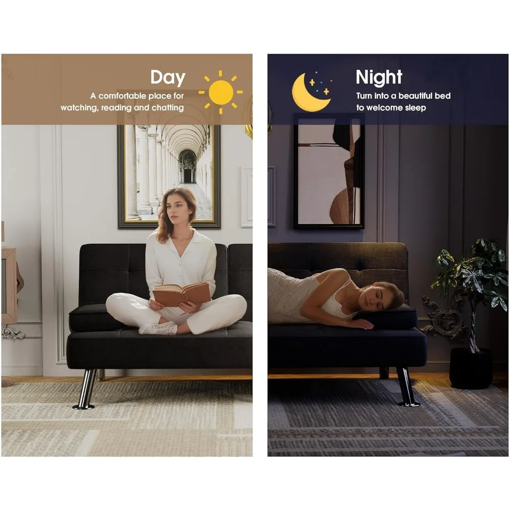 Modern Convertible Futon Sofa Bed with Linen Fabric, Recliner Lounge, 2 Cup Holders for Living Room, Space-Saving Furniture