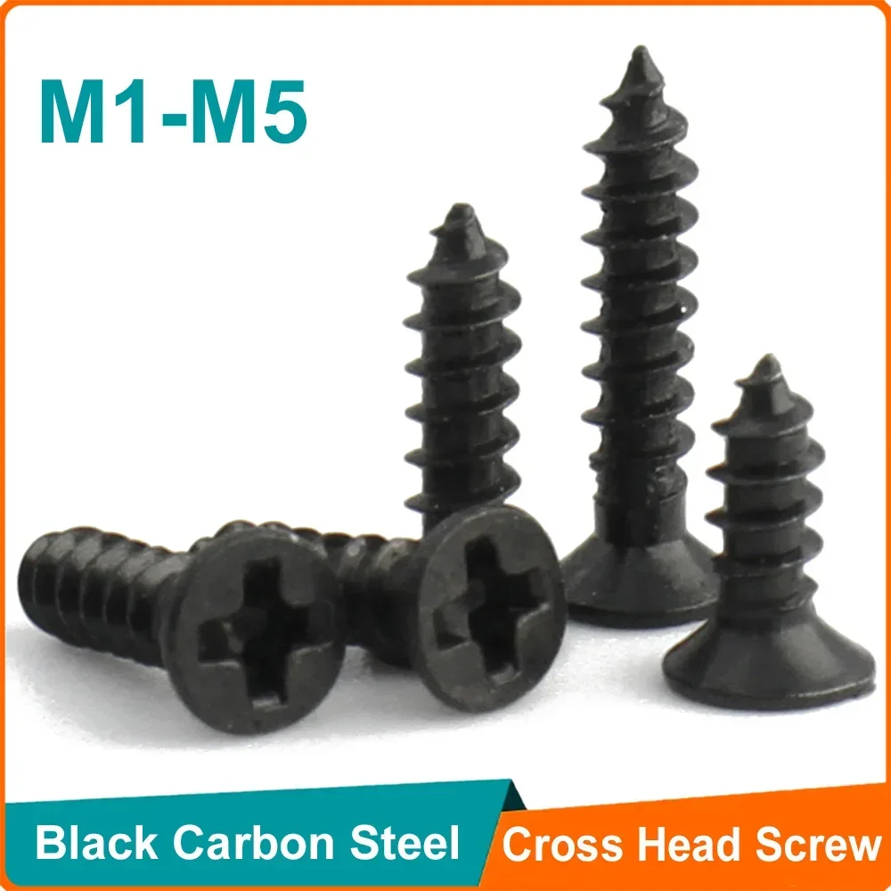 100pcs Black Phillips Carbon Steel M1 M1.2 M1.4 M1.5 M2 M2.6 M3 M3.5 M4 M5 Cross Countersunk Flat Head Self-tapping Screw