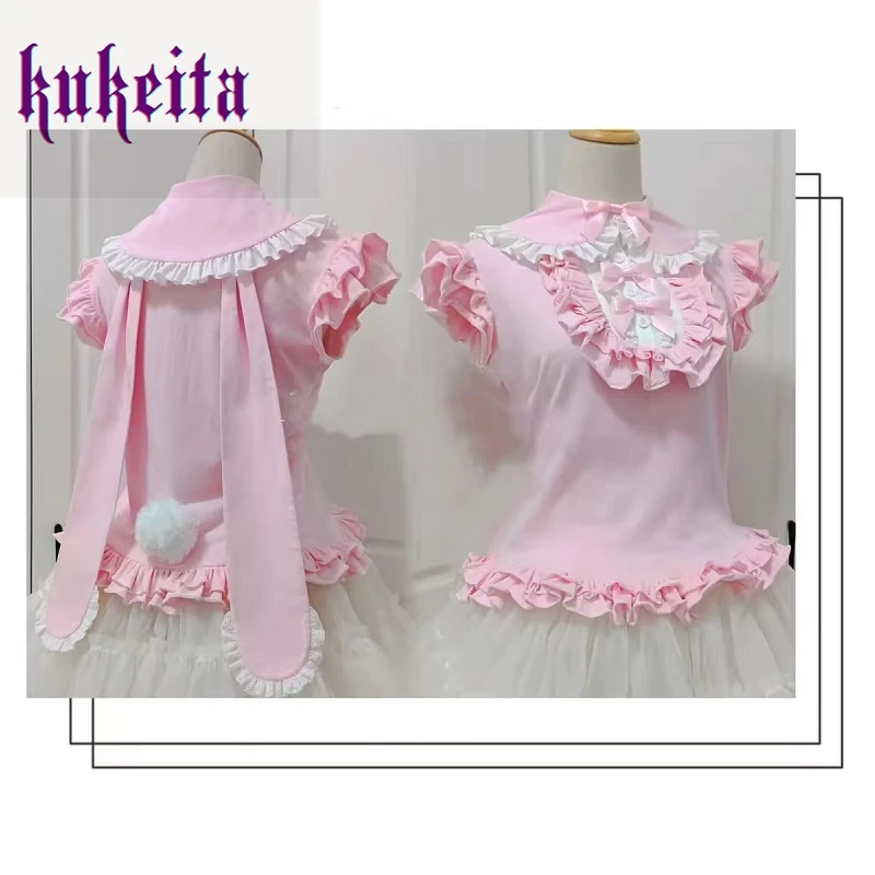 Harajuku Sweet Bow Lolita T Shirt Gothic Girls Cute Bunny Ear Lace Ruffles Short Sleeve Tee Y2k Aesthetic Women Kawaii Crop Tops