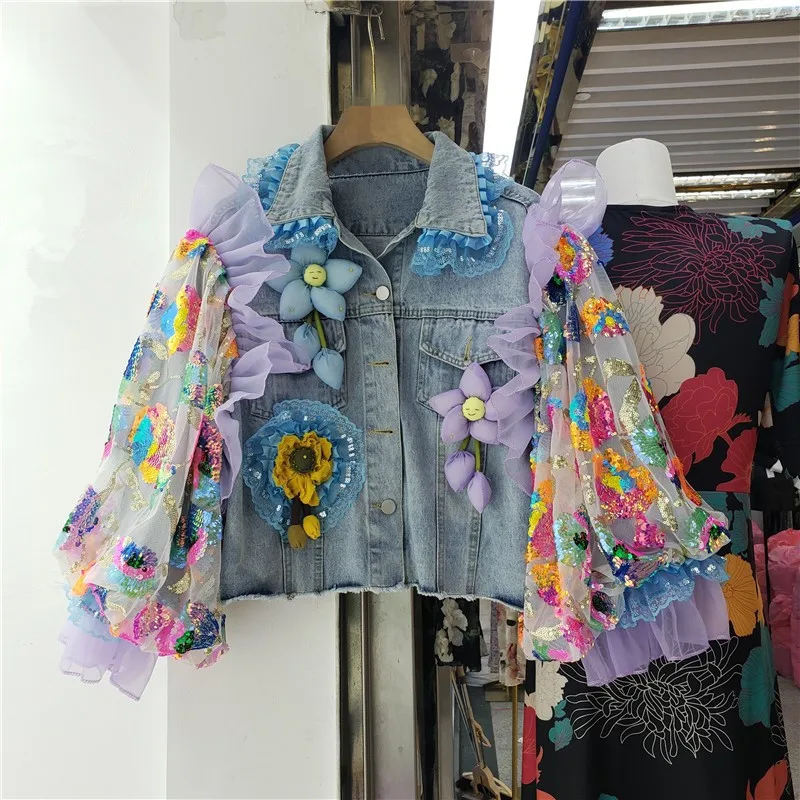 Fashion Hem Burrs Denim Jacket Women Sequins Mesh Lantern Sleeve Big Pocket Cowboy Outerwear Loose Short Jeans Jackets Female