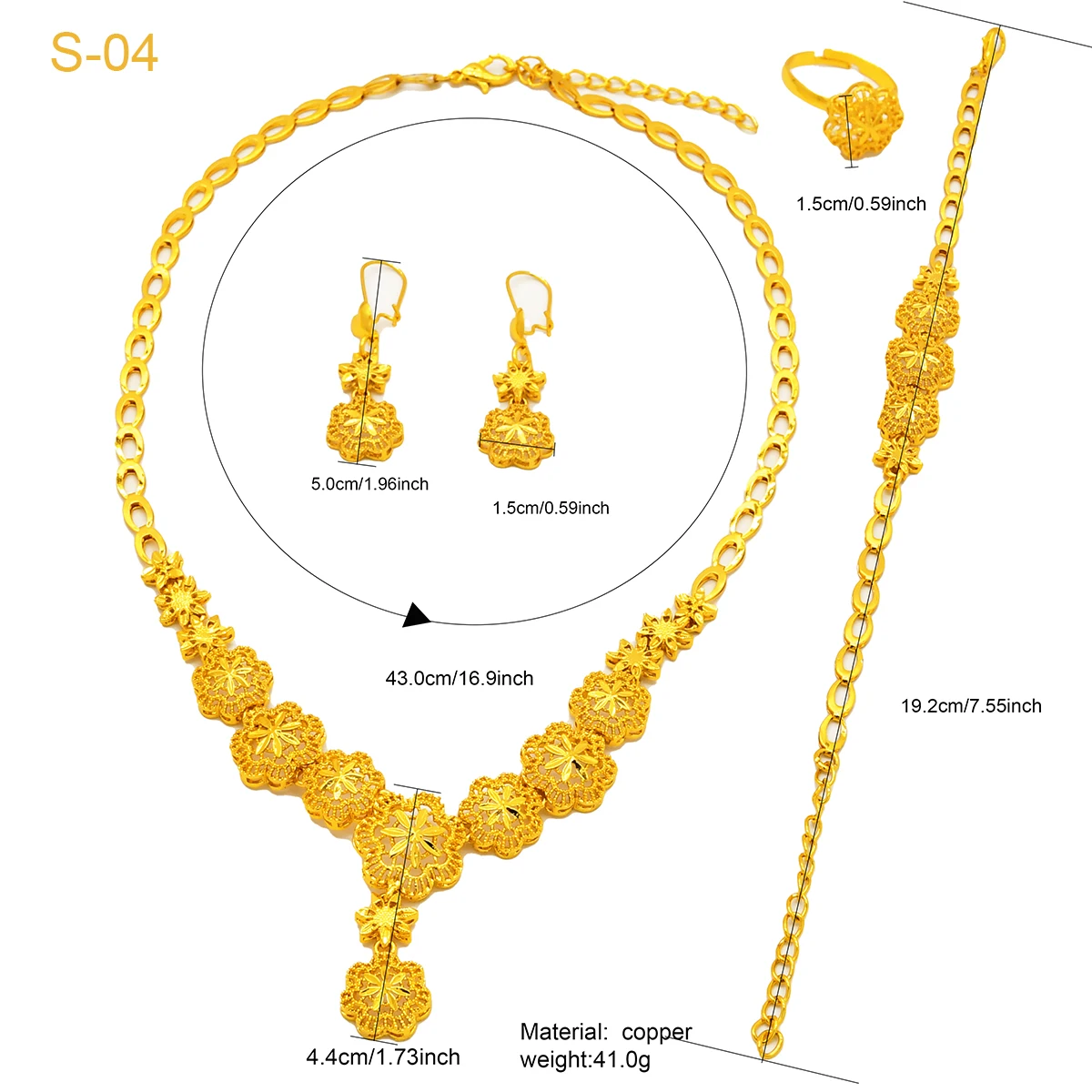 ANIID Indian 24k Gold Color Necklace Earrings Bracelet Ring Set Elegant Bridal Wedding Flower Shape Jewelry Sets for Dubai Lady