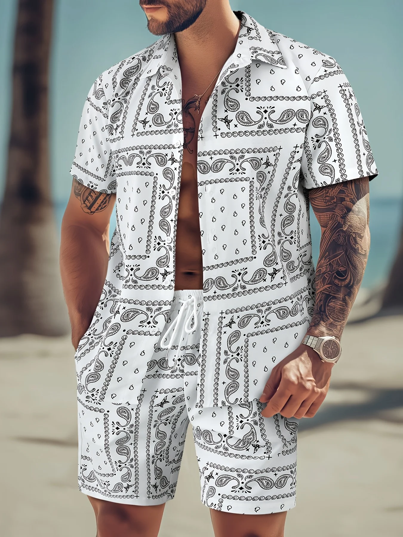 2pcs Fashion Men's Paisley Print Shorts Shirt Set Drawstring Waist Summer Beachwear White with Black Floral Prints Asian Size