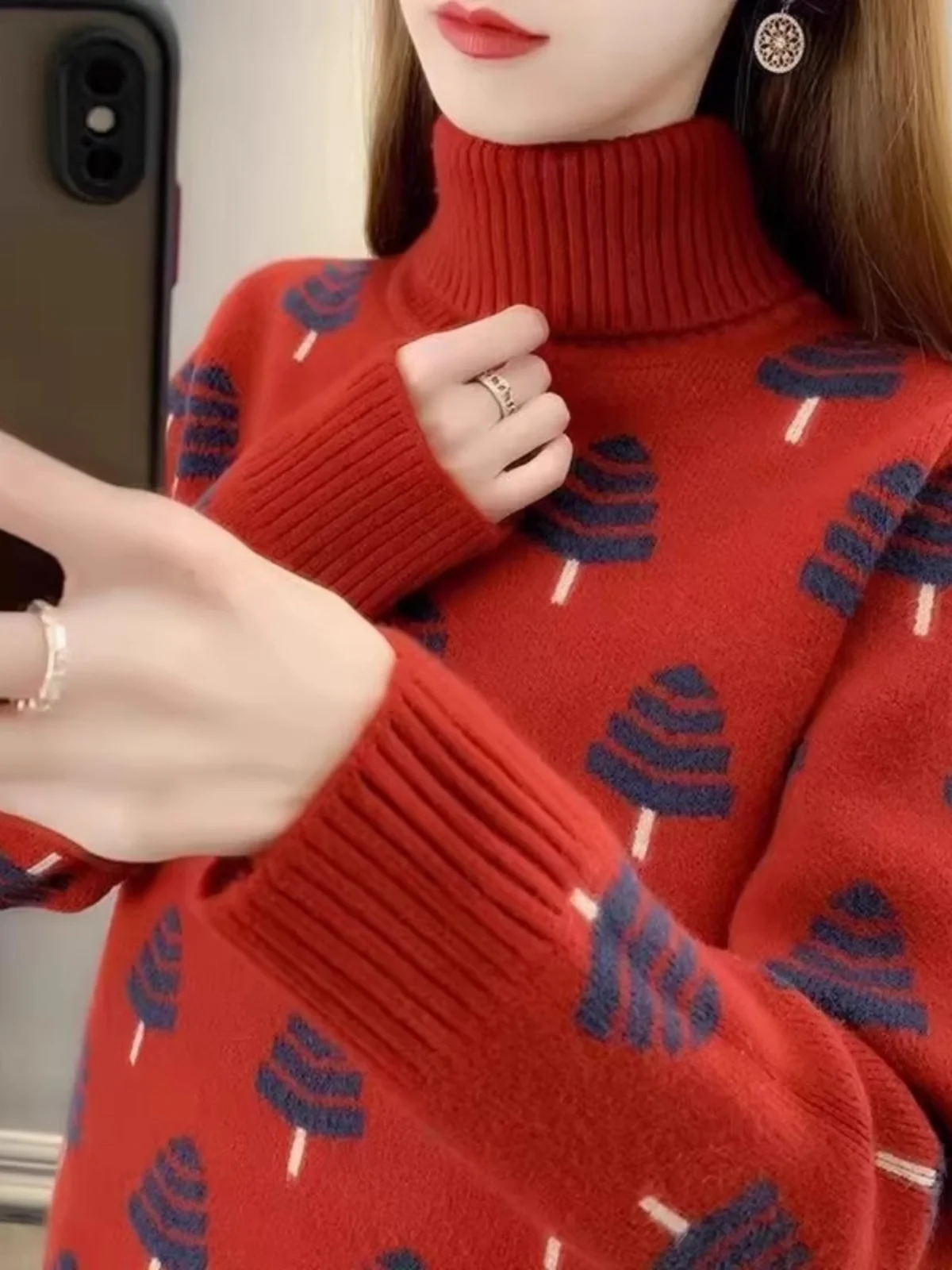 

Cisas Tree Pattern Knitted Sweater Women's Loose High Collar Base Layer Top Korean Sle Autumn Winter New Arrival