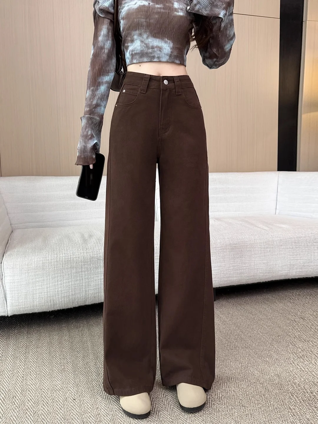 

Ce Brown High Waist Wide Leg Straight Cut Jeans Women's Spring Autumn New Sle Small Size Slimming Loose Drapey Floor-Leng...