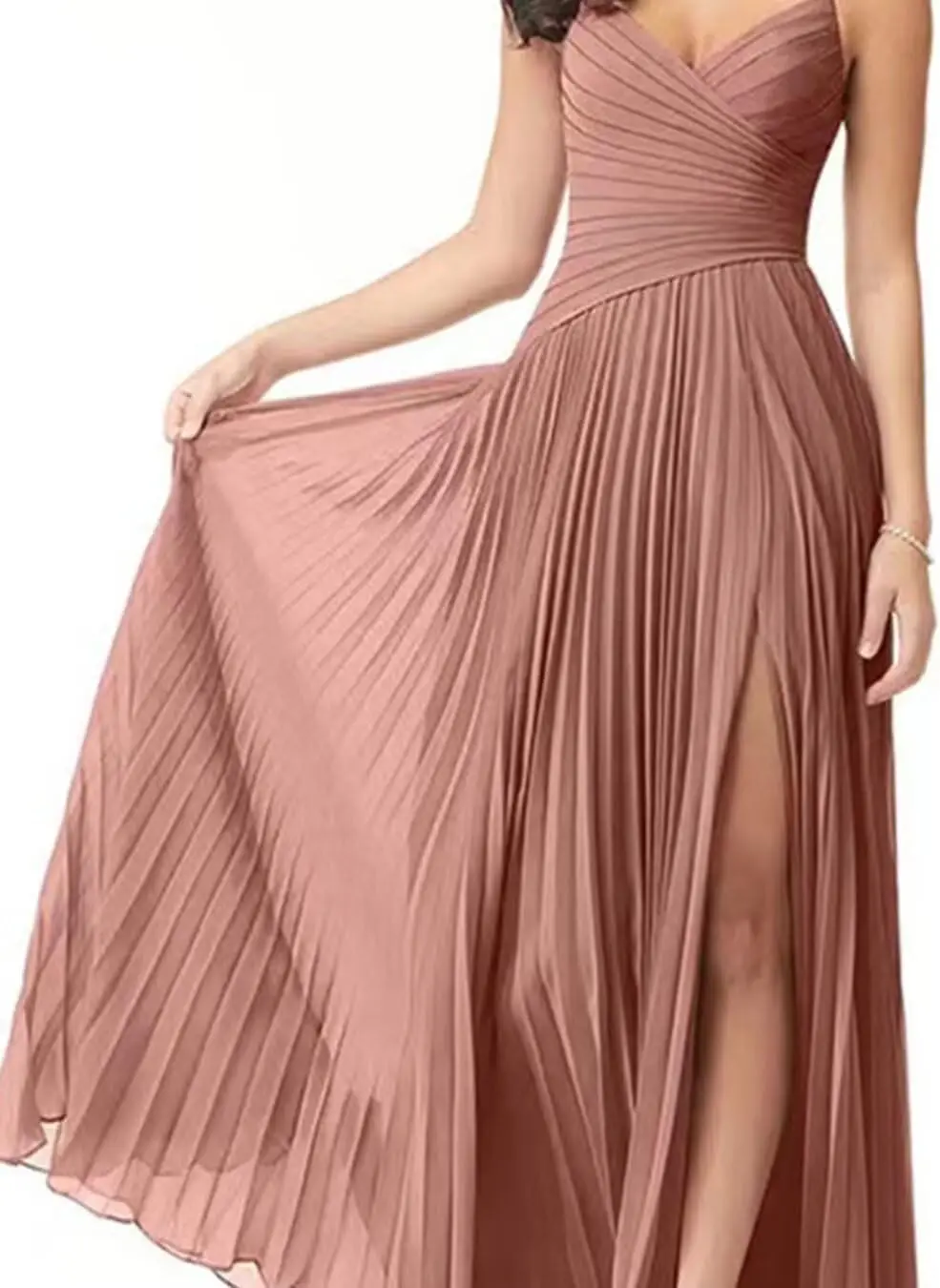 シフォン素材のウェディングゲストドレス 2025 エレガントなVネックプリーツAラインブライズメイドドレス スリット入りマキシドレス BW006 イブニングドレス