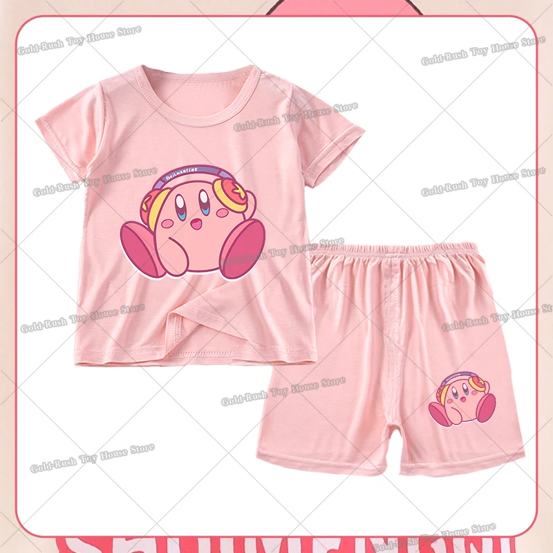 Cute Kirbys Girl Pajamas Set Summer Home Kids Sleepwear 2pcs Cartoon Printed Short Sleeve Tops Shorts Children Pyjamas Outfit view 3