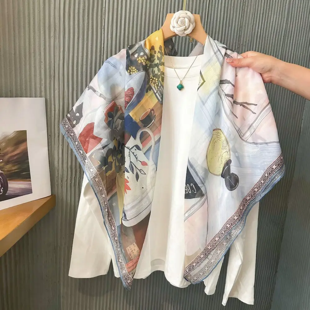 Elegant Women Summer Shawl Large Square Scarf Silk Cotton Blend Thin Fashion French Style Wrap Breathable Sun Protection