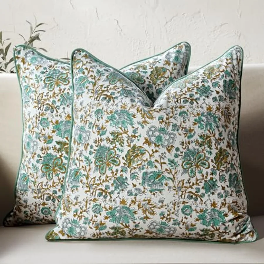 

CPC 100% Cotton Throw Pillow Covers 24x24 Inch Set of 2 Blue Block Print Pattern Couch Pillow Cute Boho Decorative Pillows for