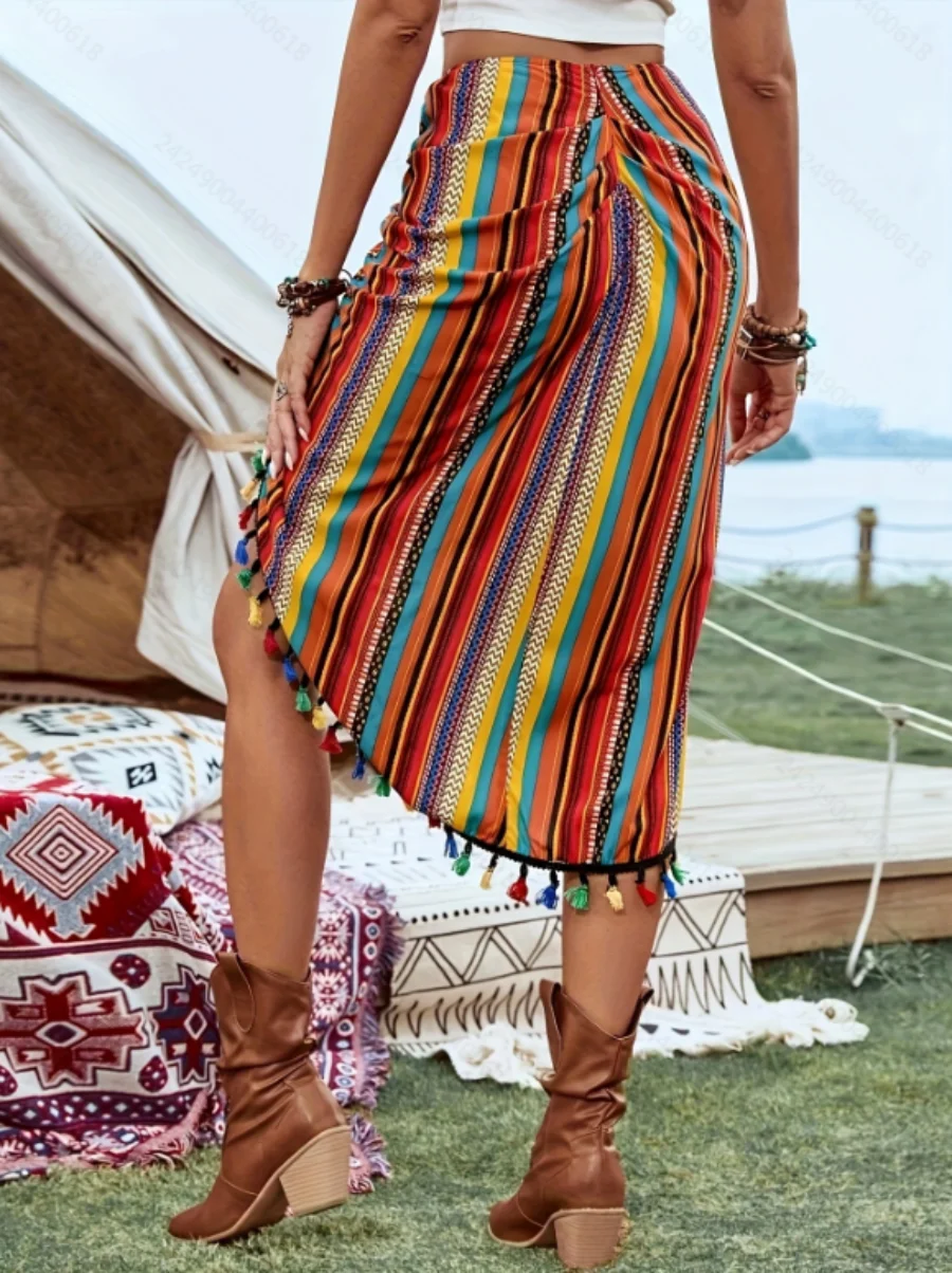 The 2026 Summer Music Festival Women's Pleated Skirt Features Color Blocks Stripes And Asymmetrical Ruffled Decorations
