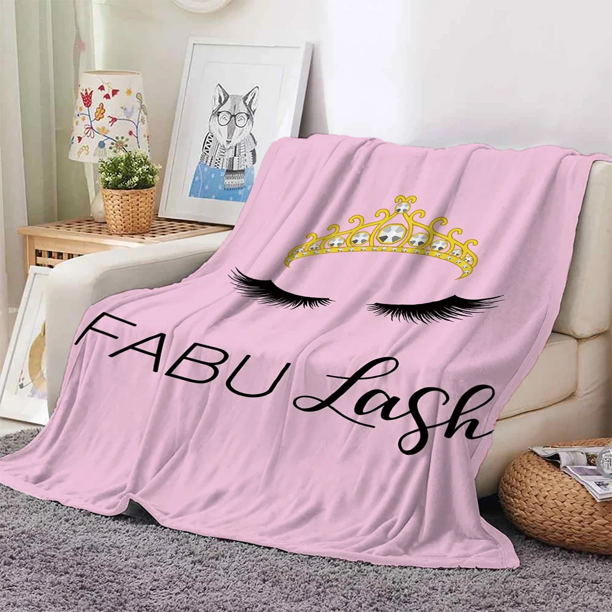 1PC Eyelash Pattern Pink Flannel Blanket Warm Skin-Friendly Soft Suitable for Office Home Travel Camping