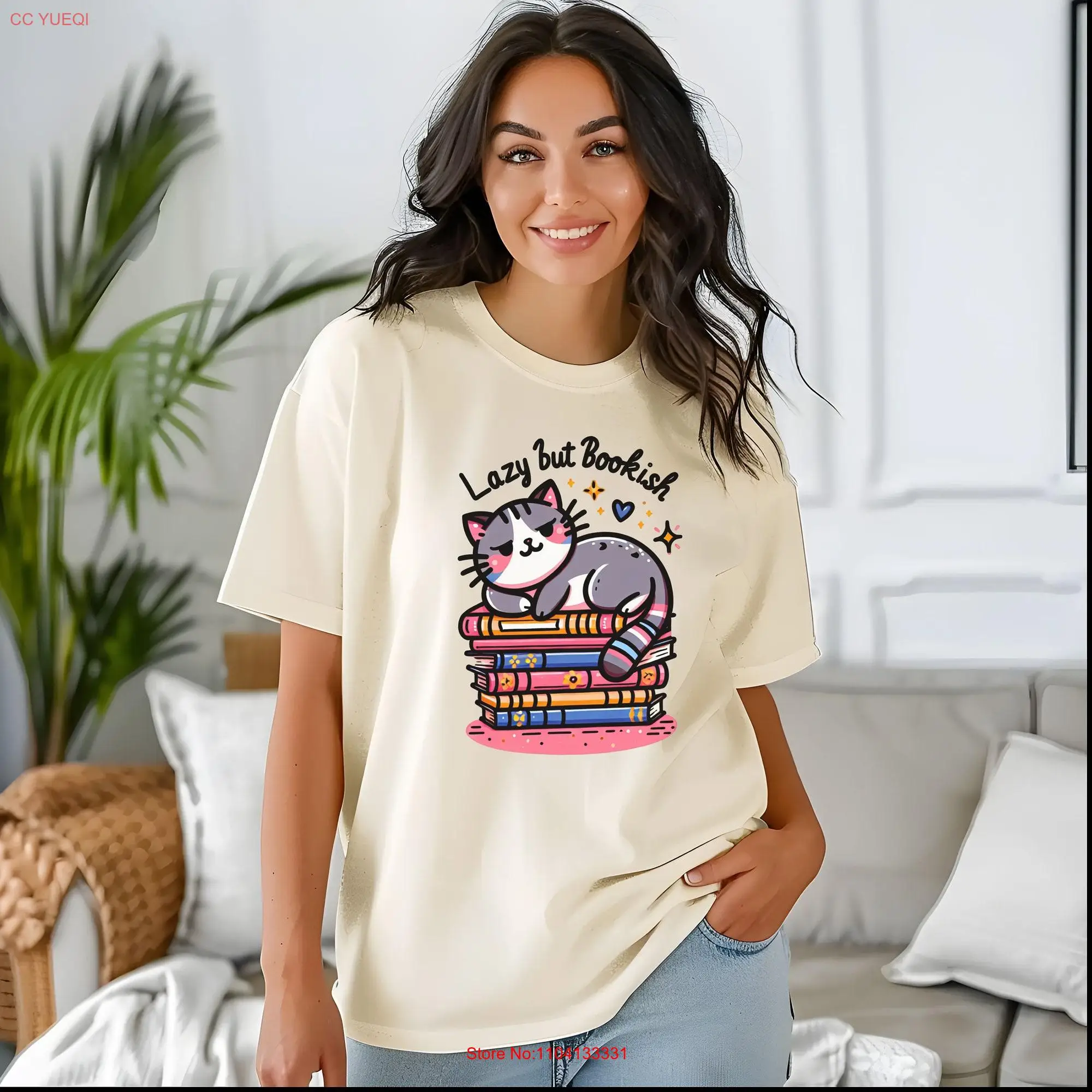 Lazy but Bookish Adorable Cat on Books Comfort Colors T Shirt Relaxed Fit100 Cotton Great Students Teachers Mom Daughter