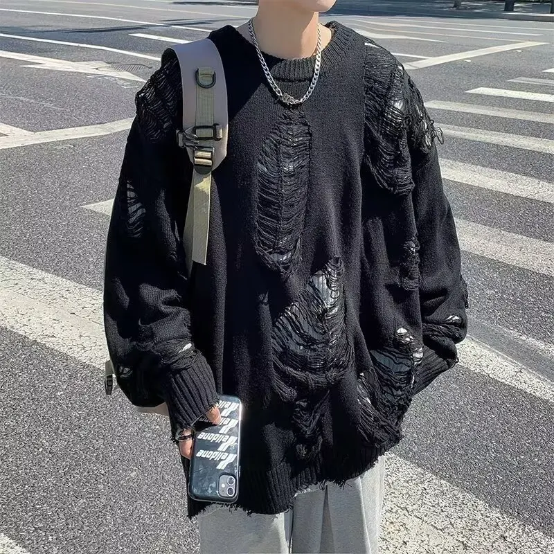 y2k Loose Fit Hole Sweater Mens Autumn Vintage Design Casual Long Sleeve Knit Tops High Street Fashion Pullover Knitwear Male