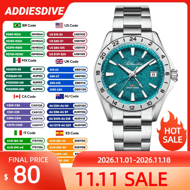 ADDIESDIVE NEW GMT Quartz Watch Sapphire Glass 200M Waterproof Luxury Men Watches Stainless Steel Textured Dial Casual Man Clock