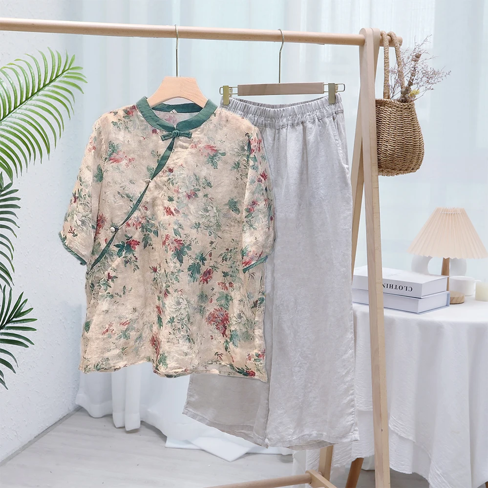 Chinese Old Fashion Blouse Linen Printing Short Sleeves Stand Collar Elastic Waist Linen Women Pants Twinset Thin Summer Design