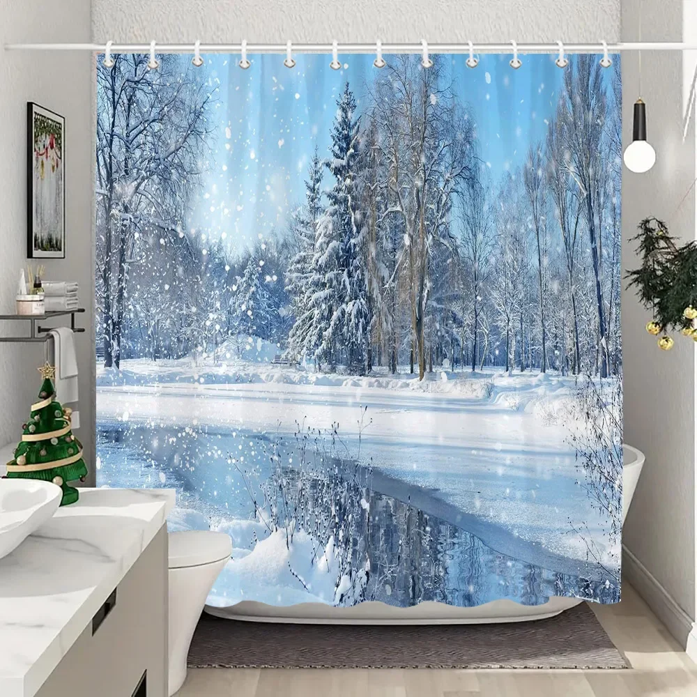 Winter Outdoor Forest Snow Shower Curtain Farmhouse Mountain Landscape Polyester Fabric Washable Shower Curtains Bathroom Decor