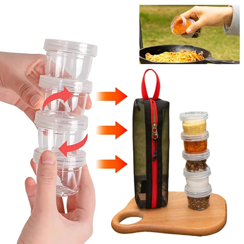 Outdoor Portable Camping Spice Kit Spice Container Bag With 5 Clear Seasoning Bottles Travel Condiment Container Set
