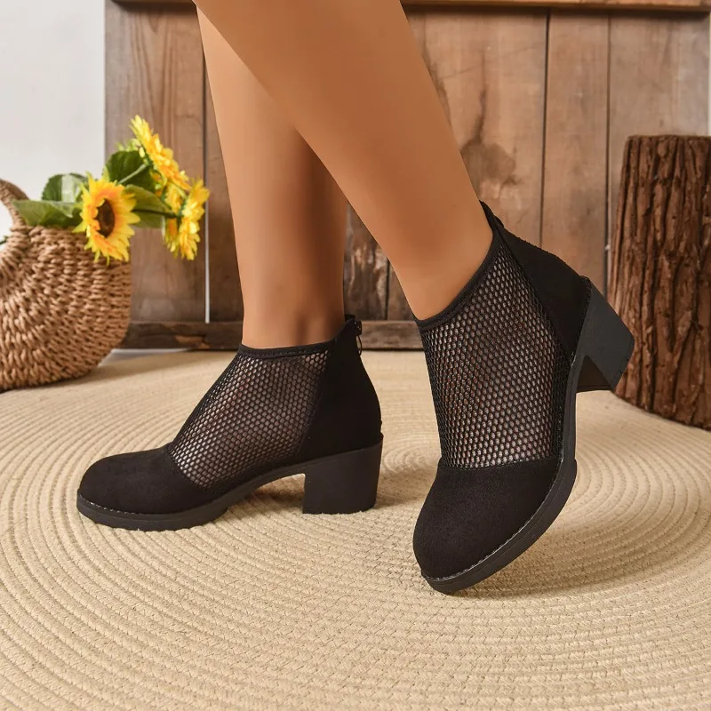 

Римские сандалии с круглым носком, женские летние модные универсальные сетчатые дышащие ботинки с вырезом на молнии сзади, новые сетчатые ботинки на каблуке