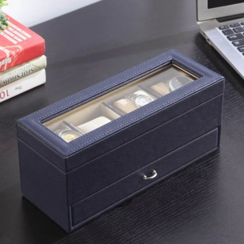 

9,3-дюймовый длинный синий ювелирный часов, дисплей из закаленного стекла, кожа с ящиками, туалетный столик для хранения, домашний декор