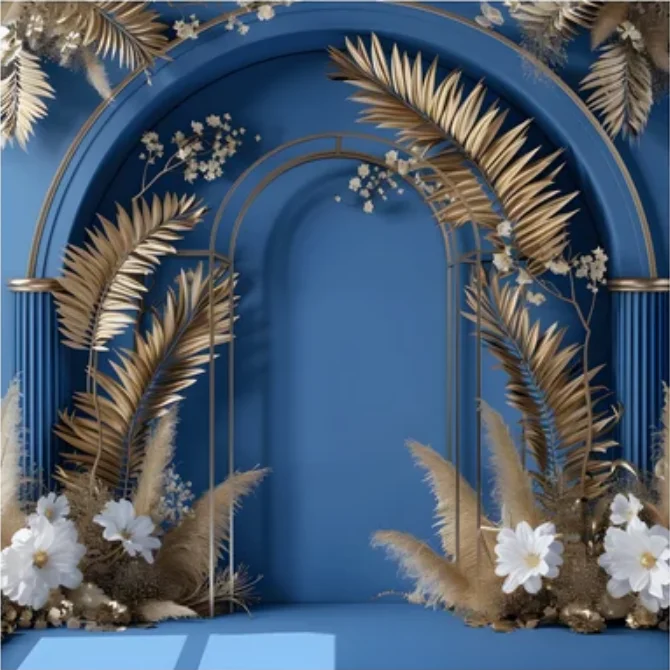 Mehofond Blue Gold Floral Photography Background Maternity Wedding Birdal Shower Party Pampas Grass Grunge Wall Decor Backdrop