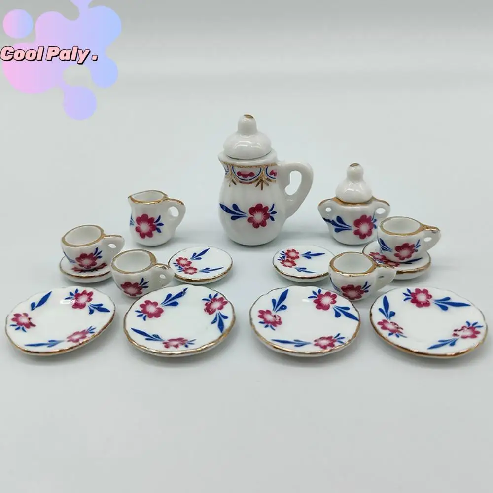 

Ceramic Dollhouse Miniature Tea Set Tableware Kettle Doll House Cup Model Set Flower Tray Miniature Porcelain Tea Cup Set