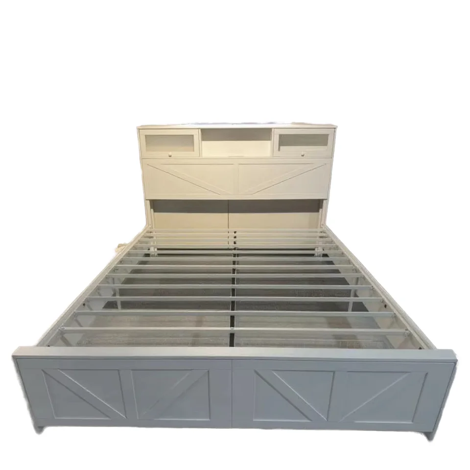 #Modern Luxury Iron Wood Double Bed with White Headboard and Socket Storage Space Easy to Assemble Cross-Border New Promotion