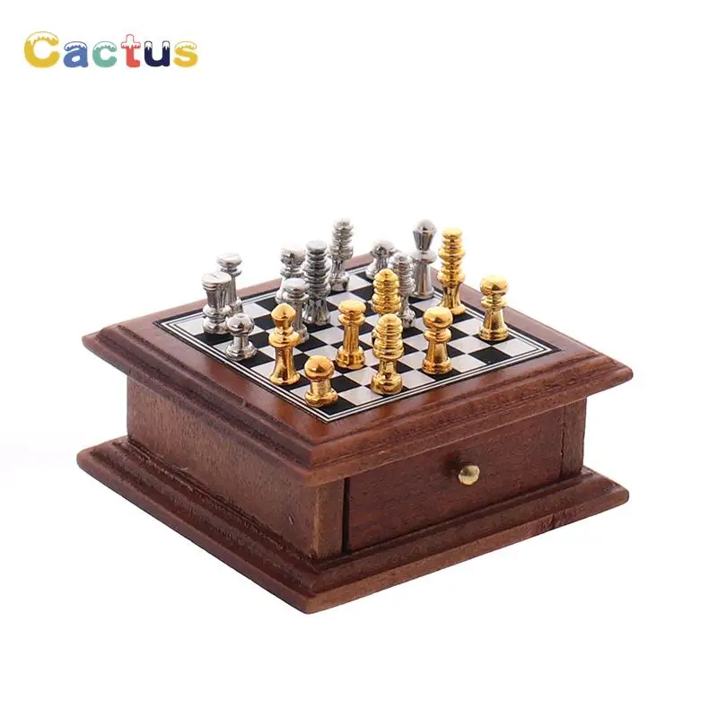 1:12 Dollhouse Miniature Chess Board Storage Box Set Mini Wooden Checkerboard Furniture Doll House Accessories Toys