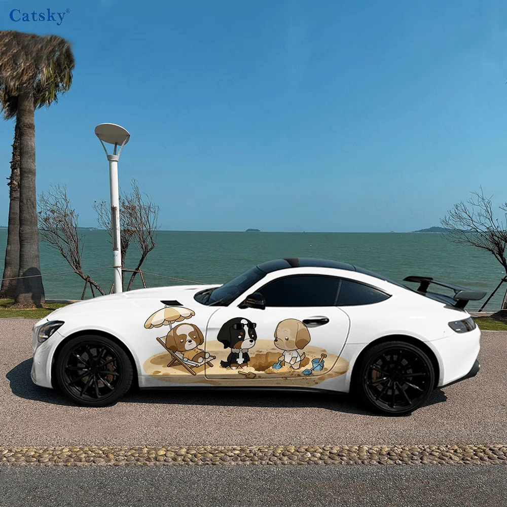 The dogs playing on the beach, Bernese Mountain Dog，Labrador，Poodle，PVC Material, Suitable for Most Vehicles, Side Decorative St